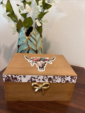 Wooden Decorative Keepsake Box with Floral Bull Skull Accent